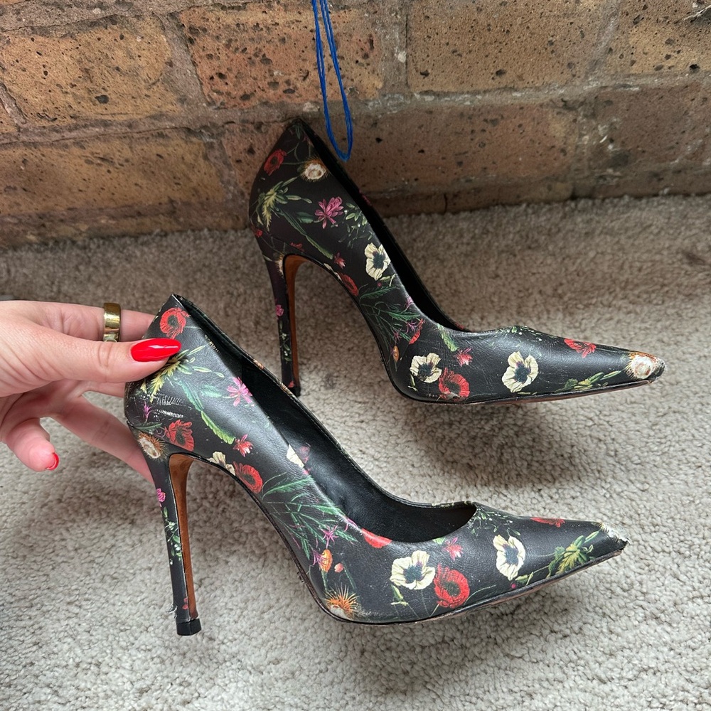 Schutz black floral heels